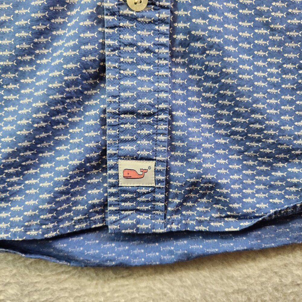 Vineyard Vines Shirt Mens M Blue Fish Bone Print Slim Fit Murray Resortwear - Picture 4 of 13